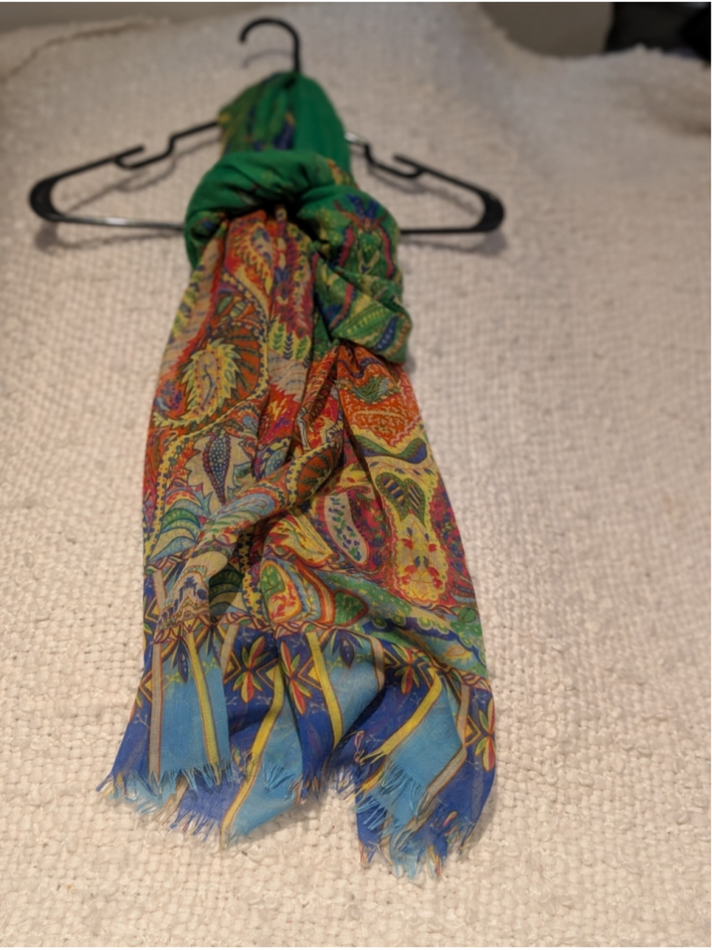 726 - Oversized Green Paisley Scarf Wrap Boho Multicolor Fringe Shawl - Picture 5 of 6